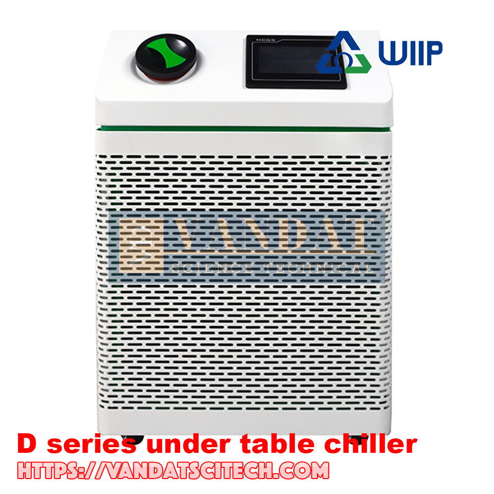 Thiết kế nằm ngang của máy làm lạnh Wiip D-Series đặt dưới bàn thí nghiệm